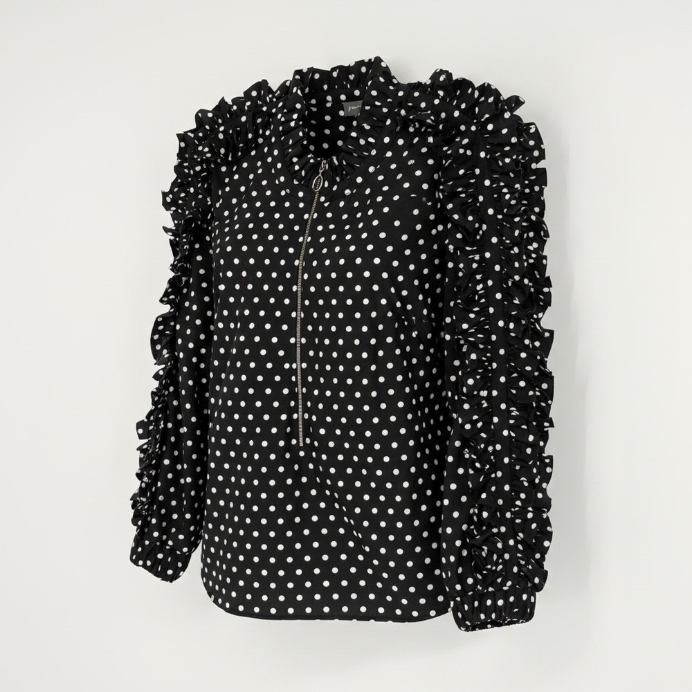 Greyson Polka Dot Ruffle Blouse Womens Large Black White Zip Front Long Sleeve
